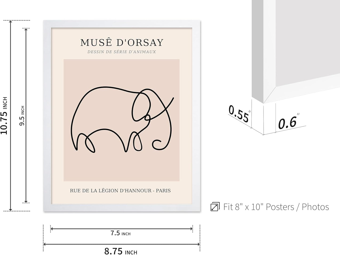 Poster Master Vintage Poster - Retro One Line Elephant Drawing Print - Elephant Art - Minimal Gift for Men, Women, Animal Lover - Abstract Wall Decor for Home, Office, 8x10 White Framed