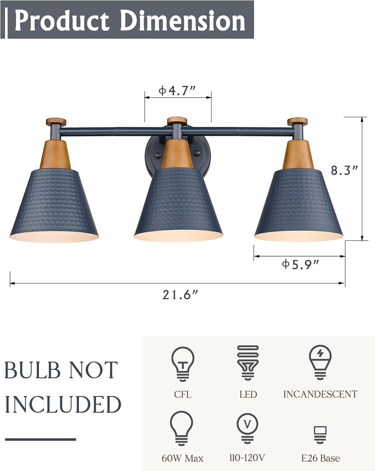 FEMILA Bathroom Vanity Light, 3-Light Modern Bathroom Light Fixture with Hammered Metal Shade Finish, Dark Blue Wall Sconce Lamp Lighting for Bedroom, 4FG59B-3W Blue