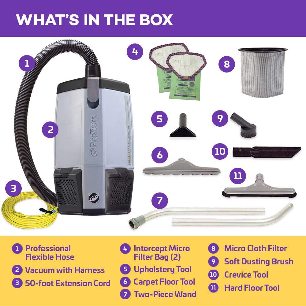 ProTeam Backpack Vacuums, ProVac FS 6 Commercial Backpack Vacuum with HEPA Media Filtration and Restaurant Tool Kit, 6 Quart, Corded