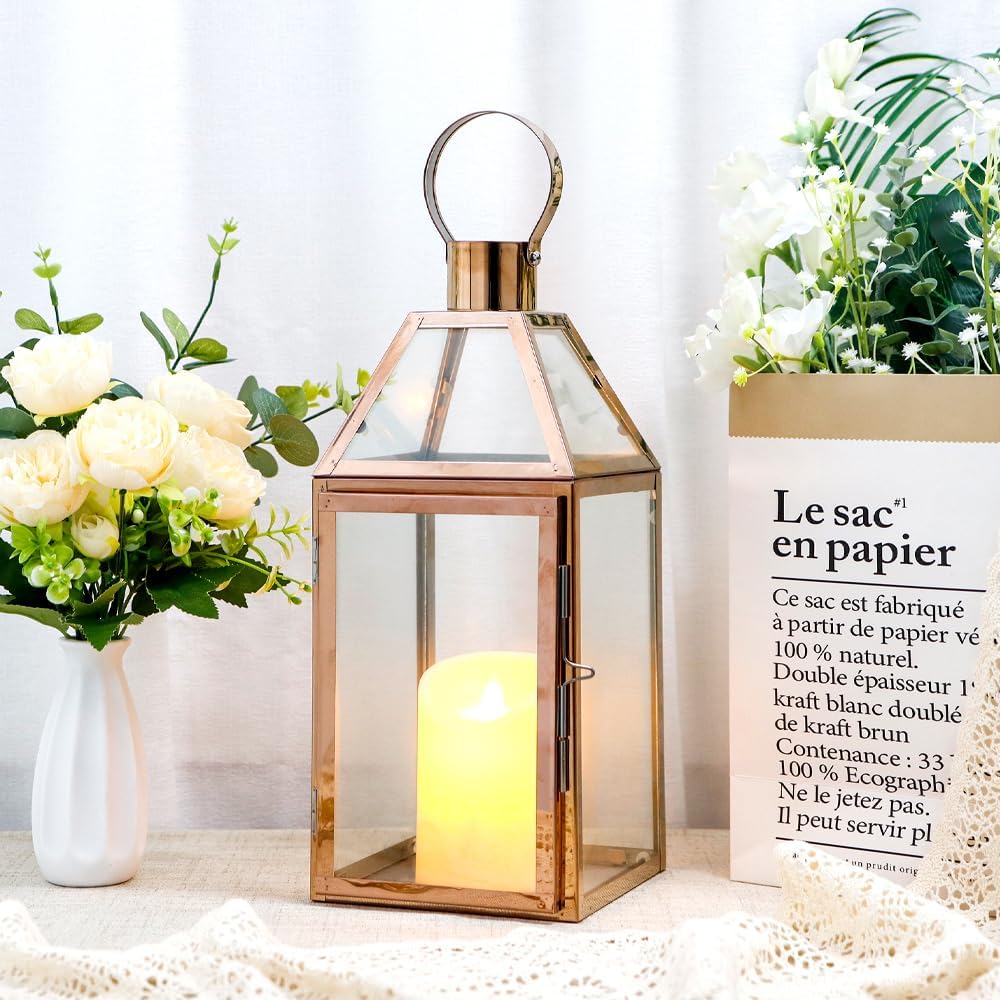 JHY Design Rose Gold Decorative Lanterns 16 inch High Stainless Steel Candle Lanterns with Tempered Glass for Indoor Outdoor Events Parities and Weddings