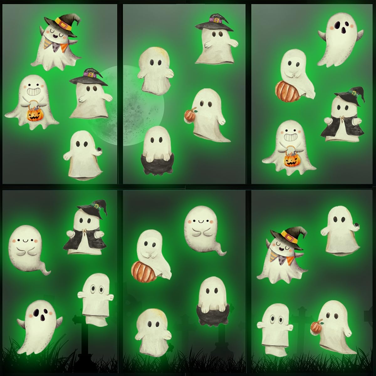 Clothmile Glow in The Dark Halloween Ghost Window Clings, Green Luminous Double-Side Window Stickers for Party Decorations, Home, School, Glass