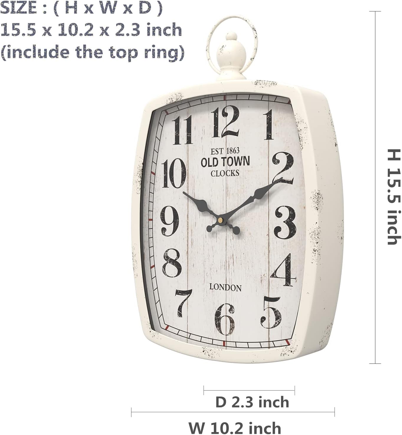 Menterry Rectangle Retro Large Wall Clock, Old-Fashioned Vintage Design, White Antique Style, Battery Operated Silent Decor Wall Clocks for Farmhouse,Kitchen,Office (15.5" H x 10.2" W)