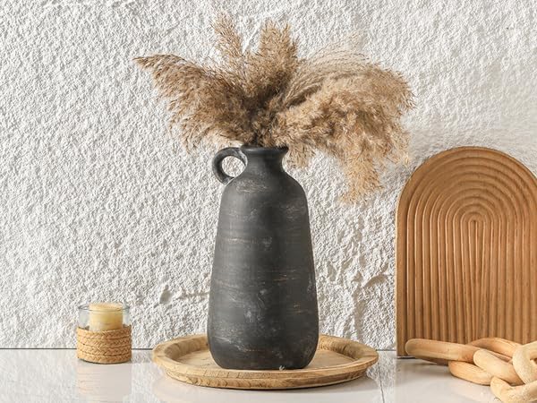 Ceramic Rustic Farmhouse Vase, 12.8" Large Rustic Black Pottery Vases Home Decor Decorative Boho Pampas Vase for Home Decor Table Living Room Decoration Shelf Mantel Enryway Kitchen