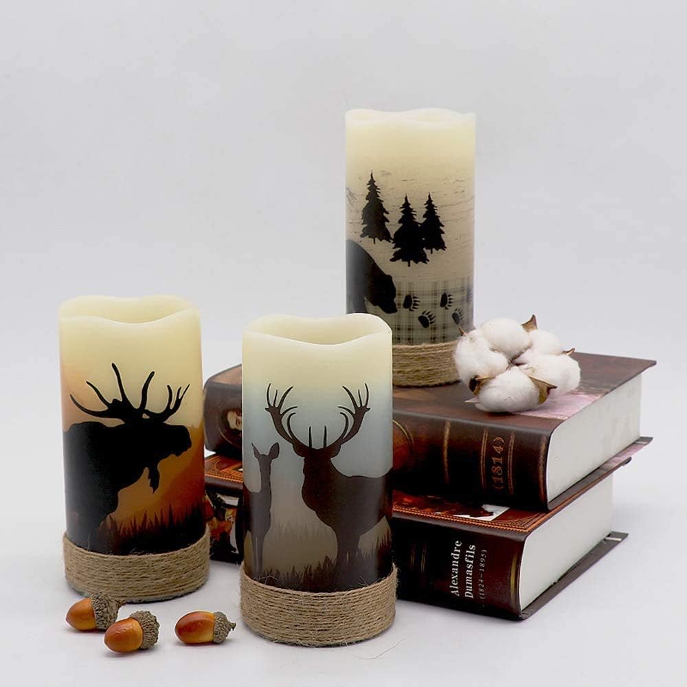 GenSwin Battery Operated Flameless Led Candles Flickering with Hemp Rope and 6H Timer, Real Wax Pillar Candles Warm Light with Deer, Moose, Bear Decals Decor Christmas Home(Pack of 3, D3 x H6)