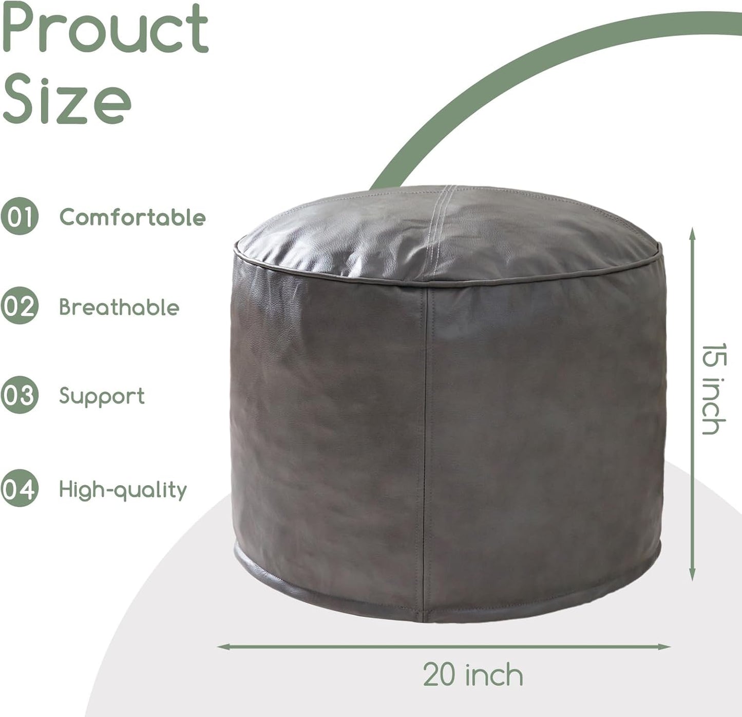 HIGOGOGO Round Stuffed Pouf Ottoman, Pu Leather Poufs with Foam Chunk Filling, Furry and Fluffy Pouf Foot Stool Storage Ottoman, 20 X 15 Floor Poufs Foot Rest for Living Room, Grey