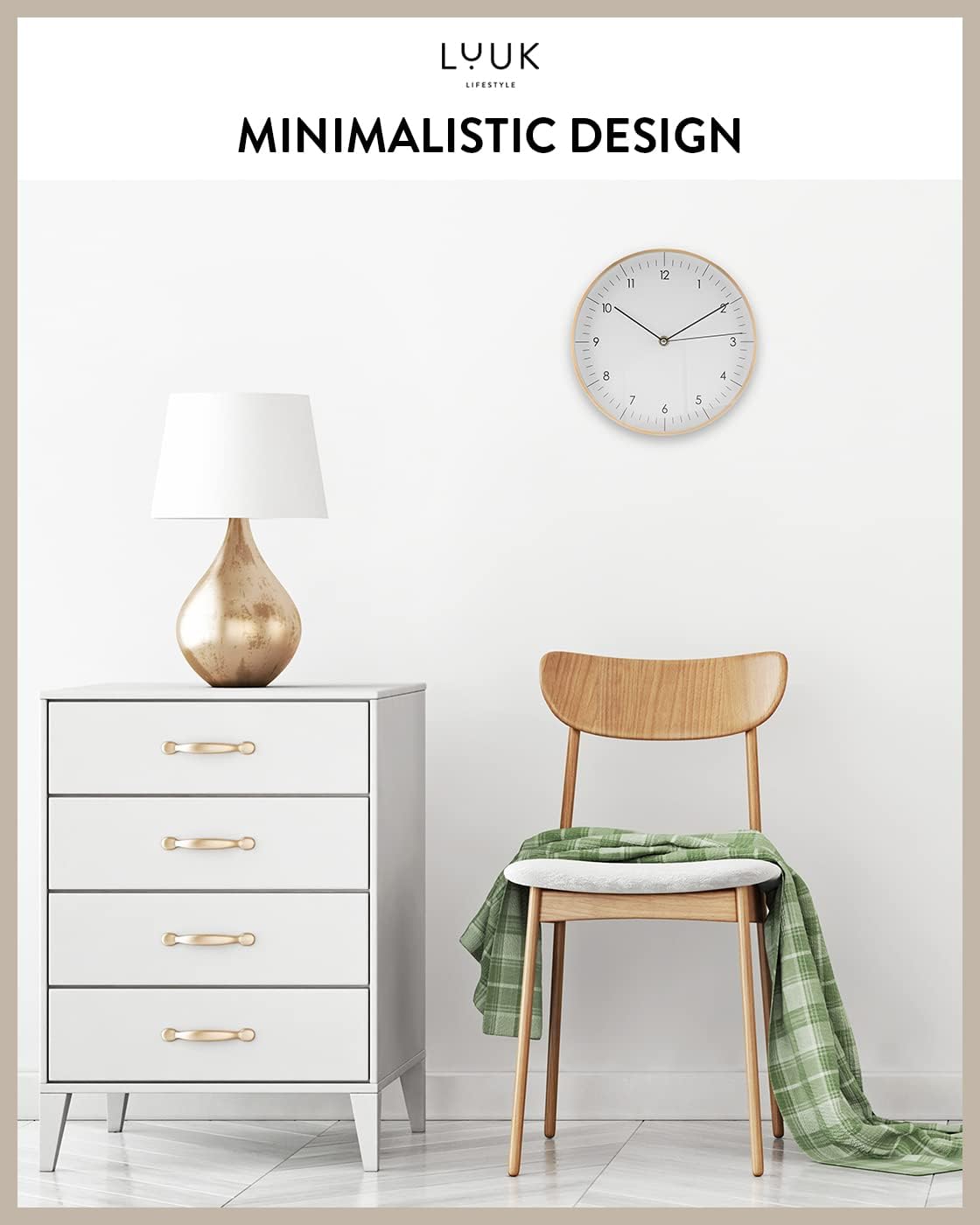 LUUK LIFESTYLE Silent Quartz Wall Clock, Nordic and Minimalist Design, Interior Decoration for Living Room, Kitchen, Bedroom, White and Gold