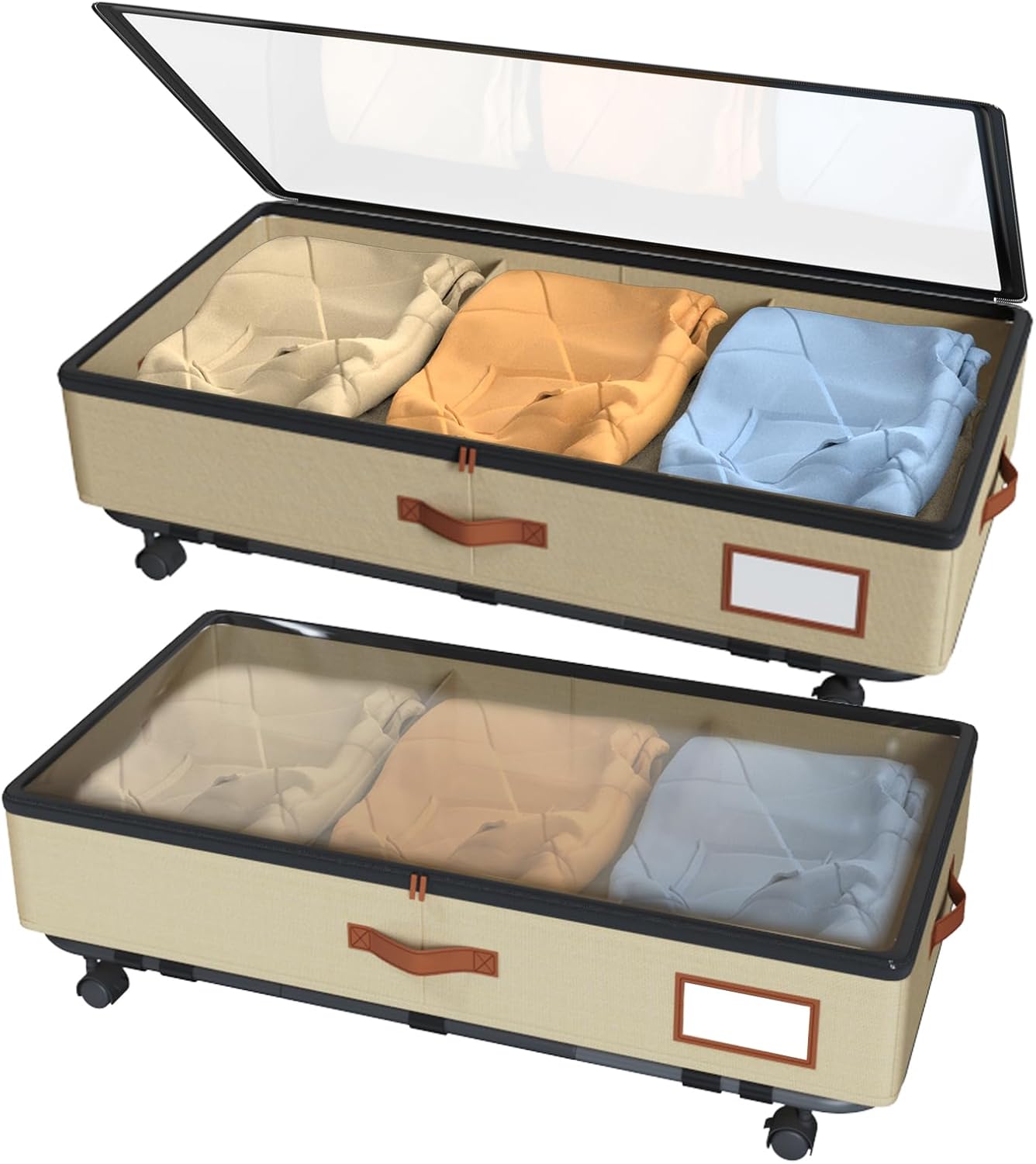 IUI Under Bed Storage with Wheels & Lid, 50L Large Capacity Underbed Storage Containers, Versatile Under The Bed Shoe Storage for Clothes, Books, Toys, 2 Pack, Ivory White