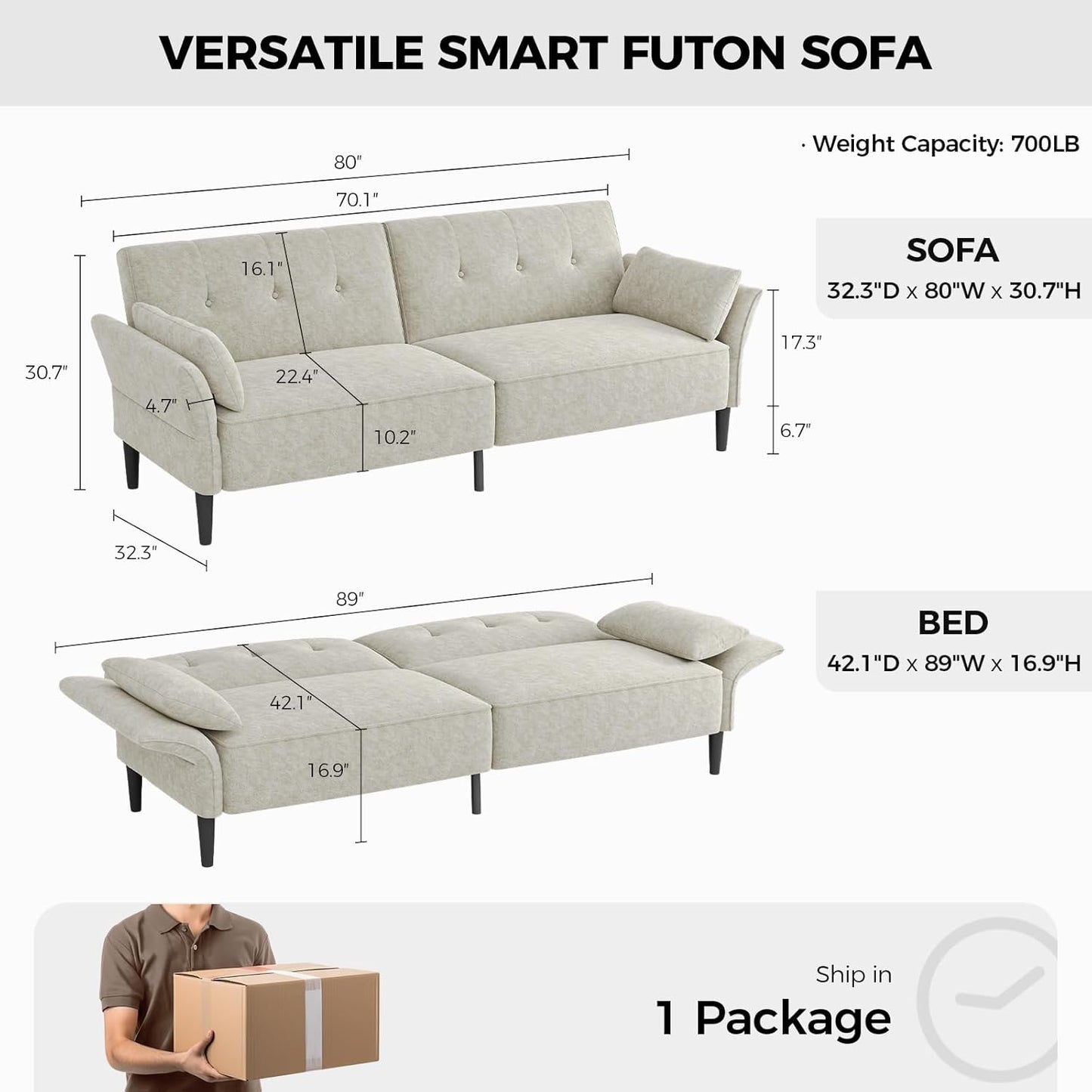 89” Futon Sofa Bed, Comfy Futon Couch Bed with 2 Square Pillows, Convertible Sleeper Sofa with Adjustable Backrest& Armrests, Modern Loveseat Sleeper for Living Room, Bedroom, White