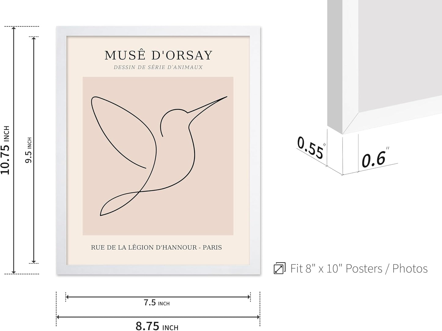 Poster Master Vintage Poster - Retro One Line Hummingbird Drawing Print - Bird Line Art - Minimal Gift for Him, Her, Animal Lover - Abstract Decor for Home, Office, 8x10 White Framed