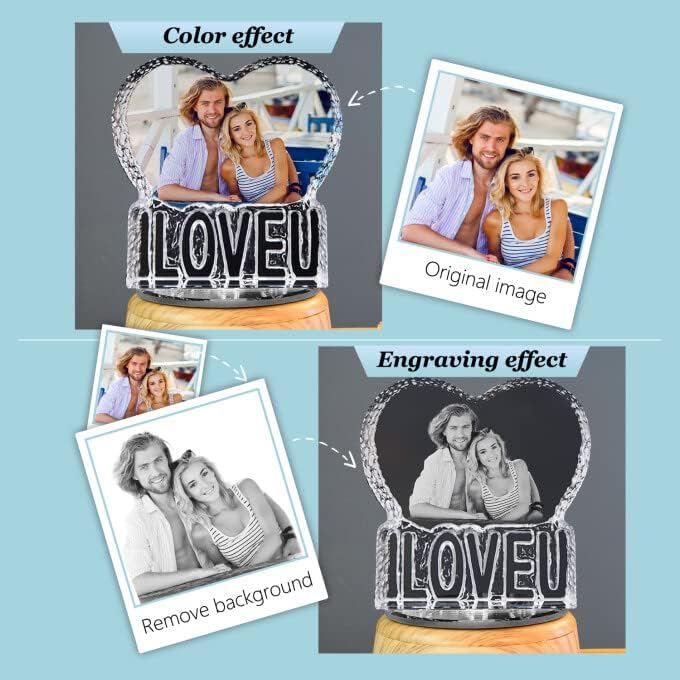 Personalized Heart Night Light 3D Crystal Lamp Custom Photo Picture Engraved, 3D Crystal Photo with Music Bluetooth Rotating Crystal Photo Frame Ornament, ILOVEU Couple Wedding Valentine's Day Gift
