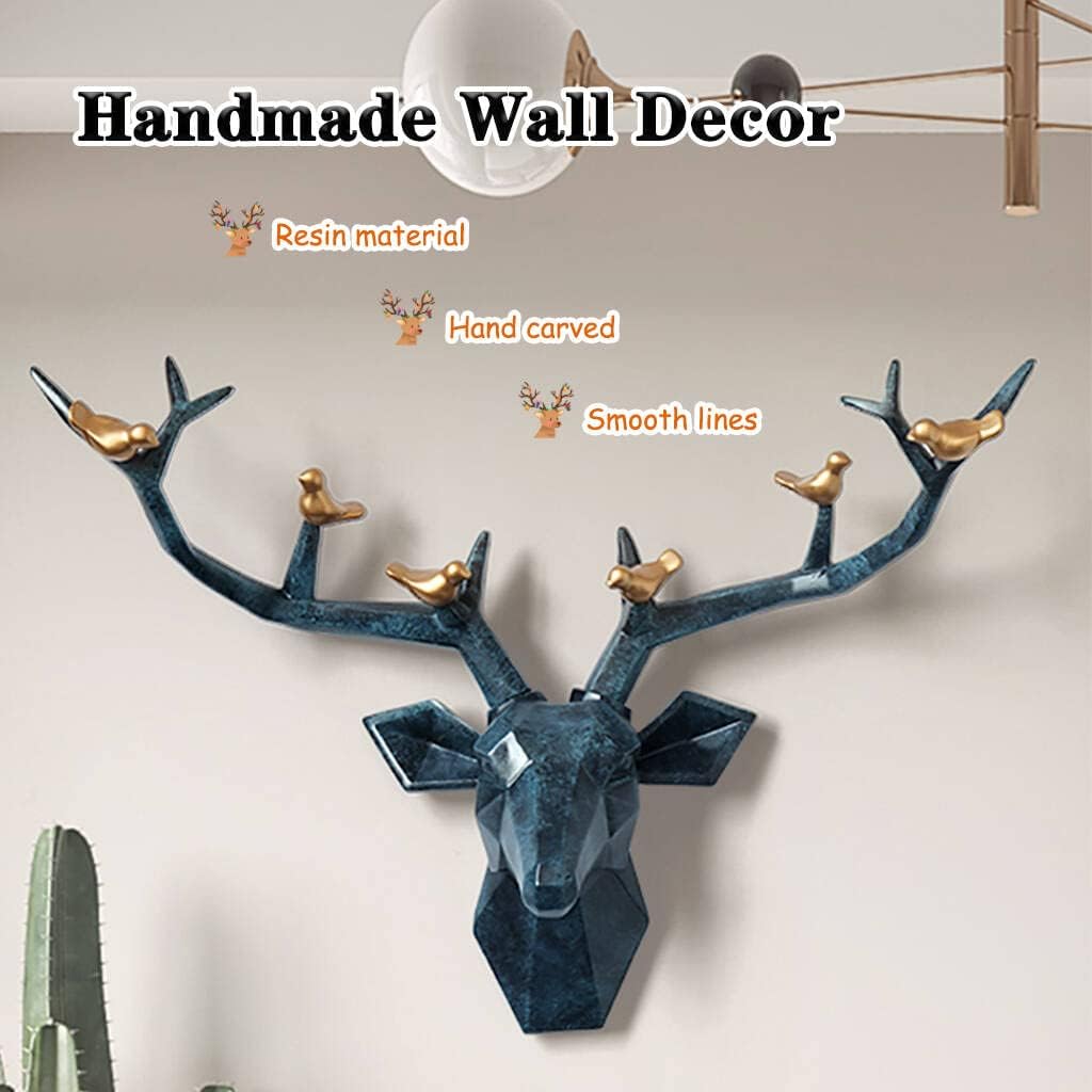 Deer Head Wall Decor Geometric Rustic Wall Mounted Deer Head, Faux Taxidermy Animal Head Wall Art Pendant, Handmade Resin Head Sculptures for Porch, Detachable Antlers, 6 Styles(Blue,20.1x20.4IN)
