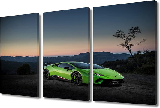 TUMOVO 3 Piece Canvas Wall Art - Green Sports Car on The Mountain Top- Modern Home Decor Stretched and Framed Ready to Hang - 12 x 24 inch x 3 Pieces