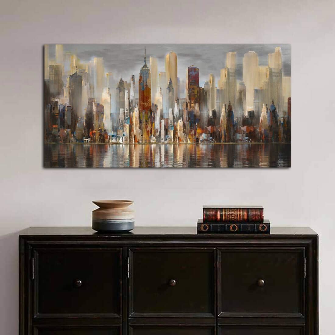 Framed Wall Art Large Cityscape New York Wall Decor Canvas Prints Abstract Brown City Theme Paintings Modern Canvas Wall Art for Living Room Bedroom Big Size 24x48 Framed