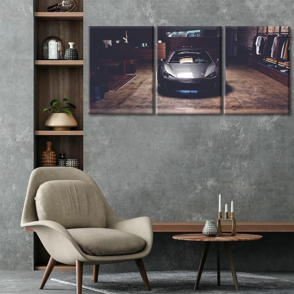 Canvas Wall Art Print Sports Car In the Interior Wall Art for Teen Boys Bedroom Gray Supercar Speed Car Wall Decor Art Paintings Modern Giclee Artwork for Office Home Decor Ready to Hang, 36"Wx16"H