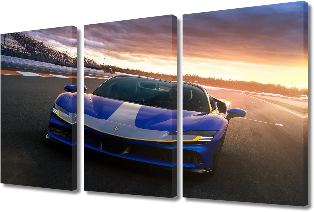Blue Car on the Runway Canvas Wall Art Sports Car on the Track Wall Art for Living Room Sunset Pictures for Bedroom Modern Home Decor Office Bathroom Decoration Artwork Framed Ready to Hang 36"Wx24"H