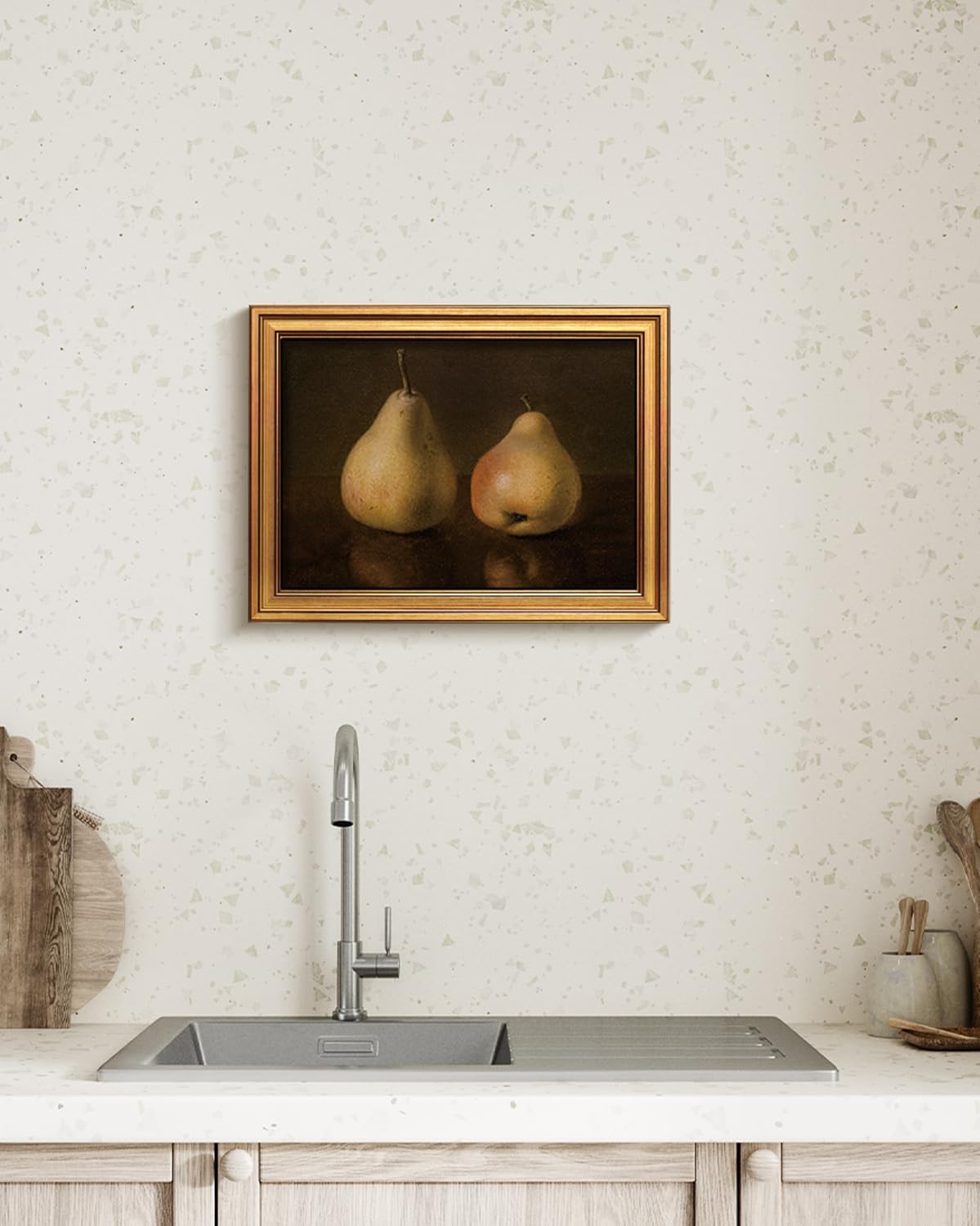 HUARCEY Gold Framed Vintage Wall Art for Living Room, Pear Fruits Painting Prints Shelf Decor for Kitchen, Aesthetic Bedroom Wall Art Decor, Christmas Gift for Friends or Family (Two Pears 12"x16")