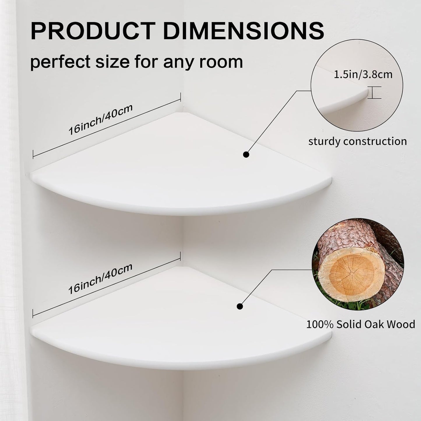 Corner Wall Shelves, White Floating Corner Shelf, Set of 2 16inch Solid Oak Wood Shelves, Round End Wall Mount Display Shelf with Wire Hole for Small Plant for Bedroom Kitchen, Living Room