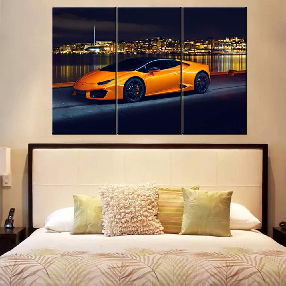 TUMOVO Orange Sports Car On Seascape and Skyline Wall Art Painting The Picture Print On Canvas Racing Car Pictures for Home Decor Decoration Gift - 28 x 14inch x 3 panel