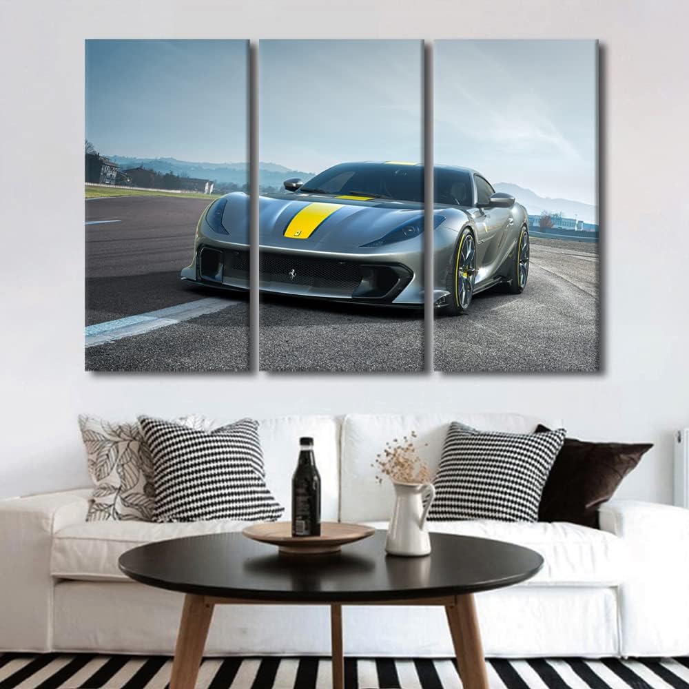 TUMOVO Car Canvas Wall Art for Living Room Home Decor Gray Sports Car Poster Prints on Canvas Supercar Wall Decorations for Men Boys Bedroom Décor Bathroom Office Framed Ready to Hang, 60" Wx40 H