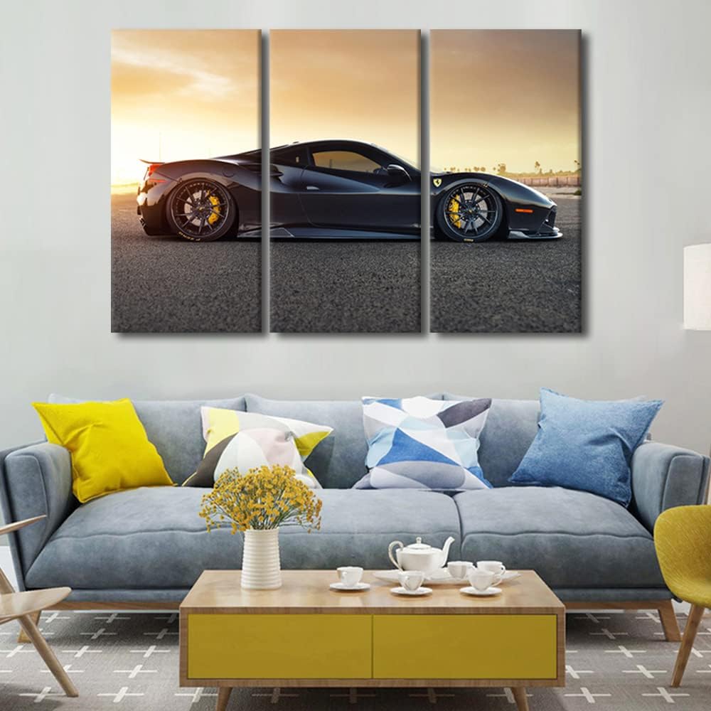 TUMOVO Car Poster Wall Art for Living Room Black Sports Car at Sunset Canvas Wall Art Speed Racing Cars Contemporary Wall Art Prints Modern Artwork Ready to Hang for Boys Bedroom Office, 36" Wx24 H