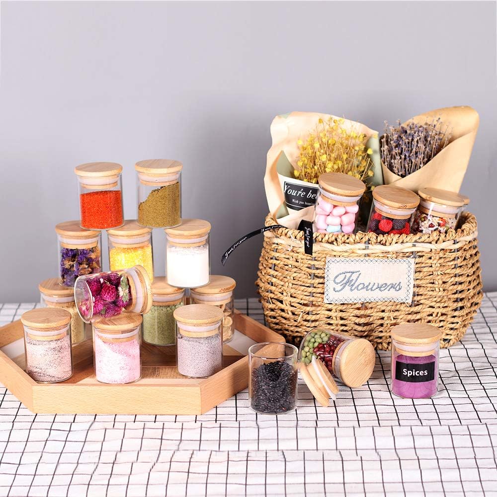 Spice Jar Set,2.5oz 20 Piece Glass Jar with Bamboo Airtight Lids and Labels, Mini Clear Food Storage Containers for pantry, kitchen canisters for Tea, Herbs, Sugar, Salt, Coffee