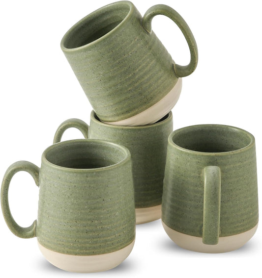 Large Ceramic Coffee Mugs Set - 15 OZ Porcelain Coffee Latte Cups Set of 4 with Handle Perfect for Cappuccino, Tea, Mocha, Hot or Cold Drinks, Unique Glaze Design for Home, Cafe and Coffee Bar, Green
