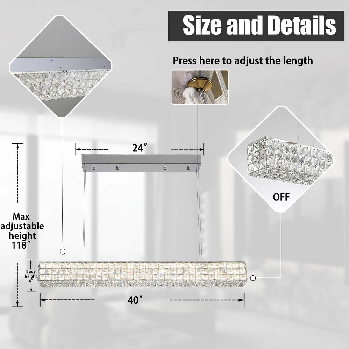 Modern Crystal Chandelier Silver Rectangular Crystal Chandelier Contemporary Linear Pendant Ceiling Light Fixture for Living Dining Room Kitchen Island (L 40")