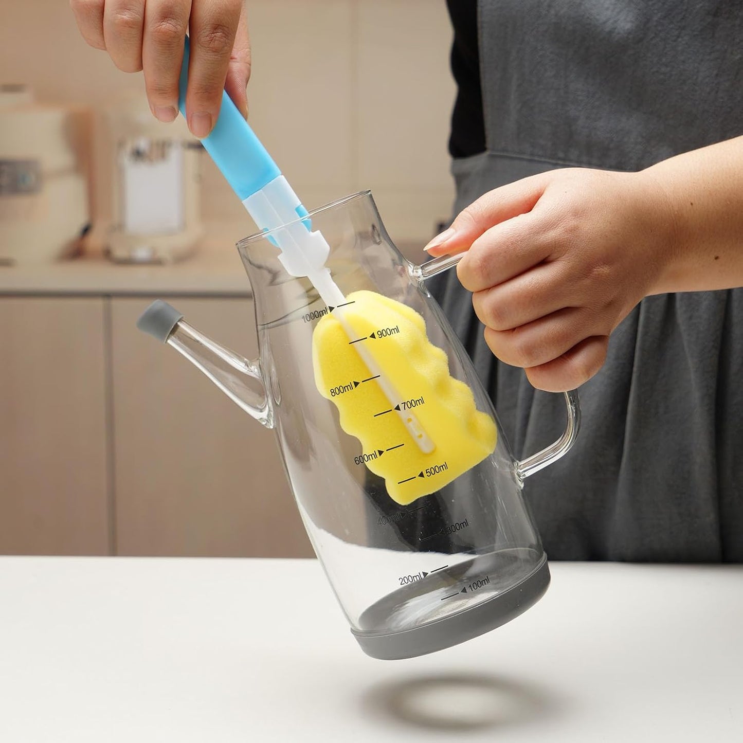 Large Glass Oil Dispenser Bottle for Kitchen Cooking Recipiente Para Aceite De Cocina Olive Oil Vinegar Dispenser Cruet Stainless Steel Lid No Drip Liquid Container (Grey, 34oz /1000ml)