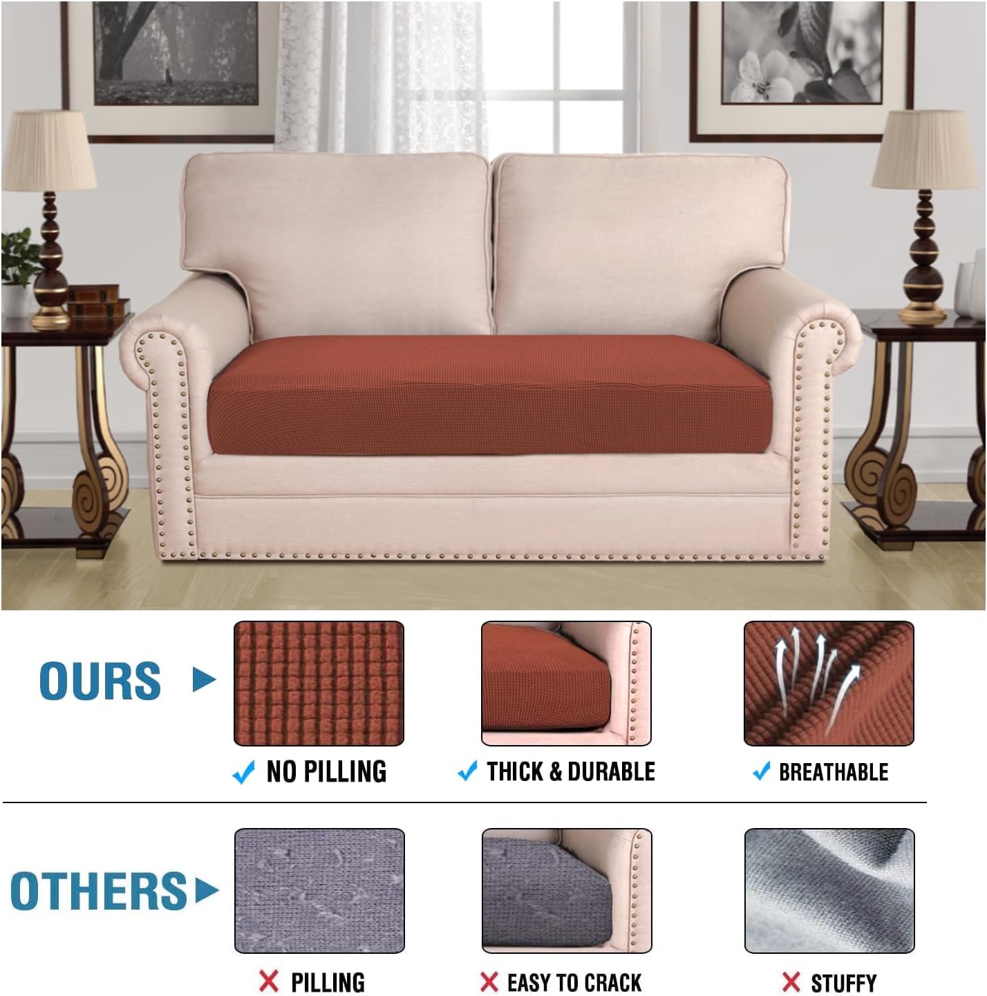 H.VERSAILTEX Super Stretch Individual Seat Cushion Covers Sofa Covers Couch Cushion Covers Slipcover Sets Thick Jacquard Textured Twill Fabric (1 Piece Loveseat Cushion Cover, Rust)