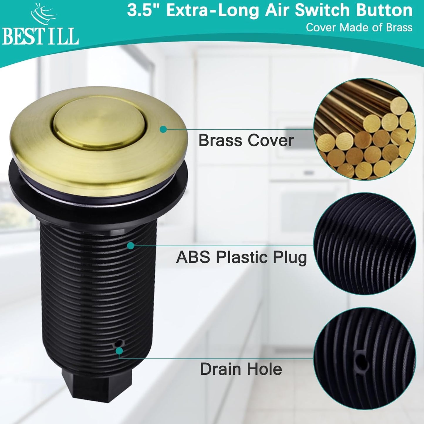 BESTILL Garbage Disposal Air Switch Kit - UL Listed, Cordless Sink Top Switch Button for Waste Disposer, 3.6" Long Push Button with Brass Cover, Brushed Gold, Compatible with all Garbage Disposals
