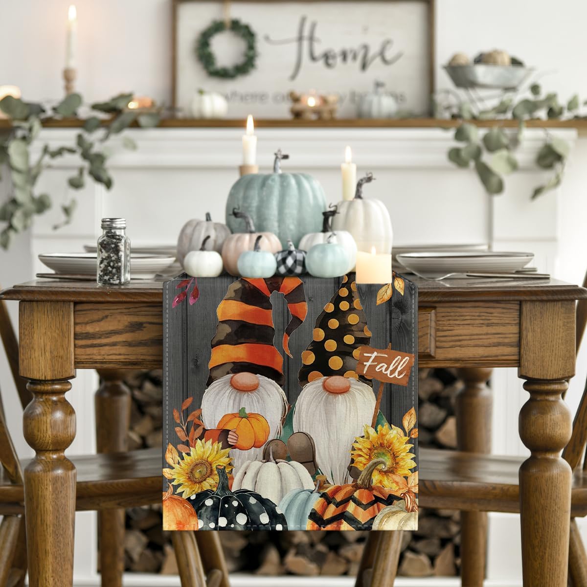 Artoid Mode Gnomes Pumpkins Sunflower Leaves Fall Table Runner, Seasonal Autumn Kitchen Dining Table Decoration for Home Party Decor 13x120 Inch