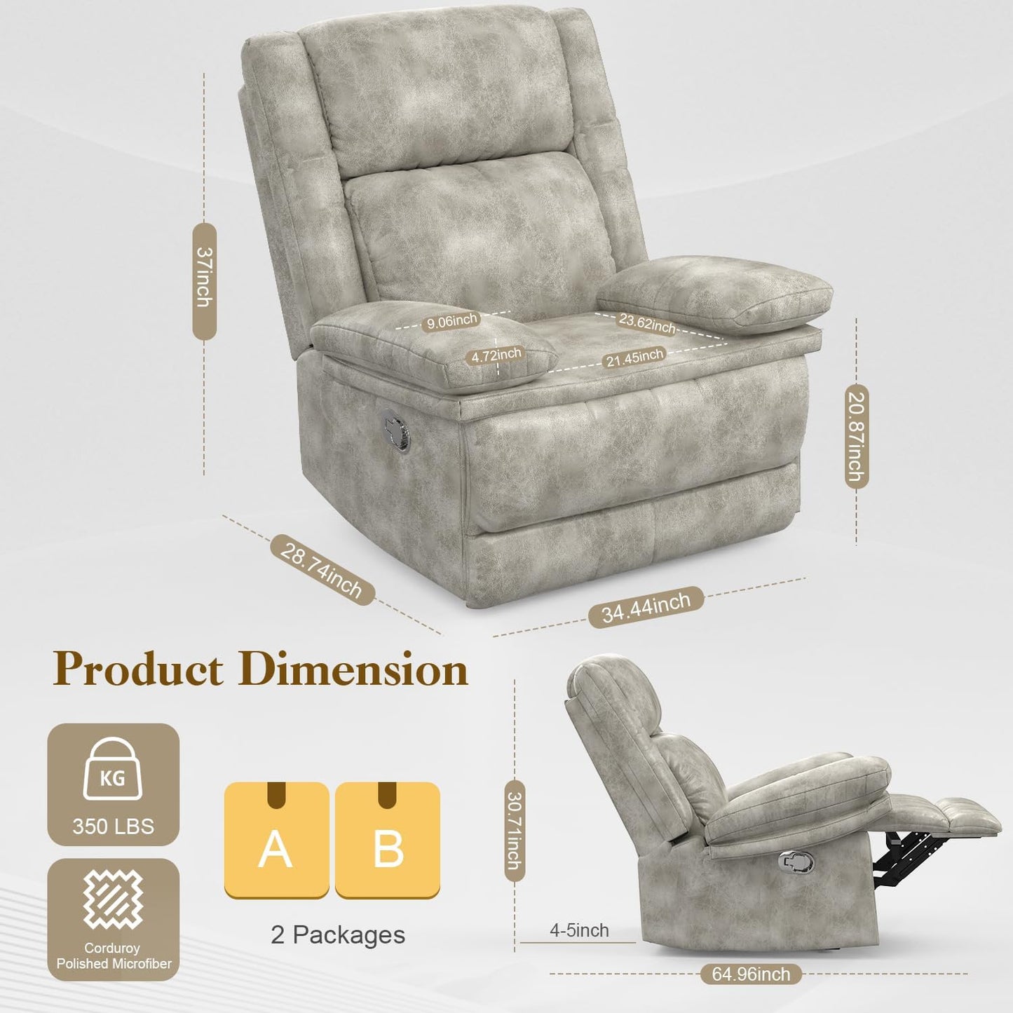 Recliner Chair for Adults, Oversized Manual Pull Tab Reclining Chair, 2-Tier Cushions, Minimalist Style Single Sofa for Living Room, RV (Polished Microfiber)