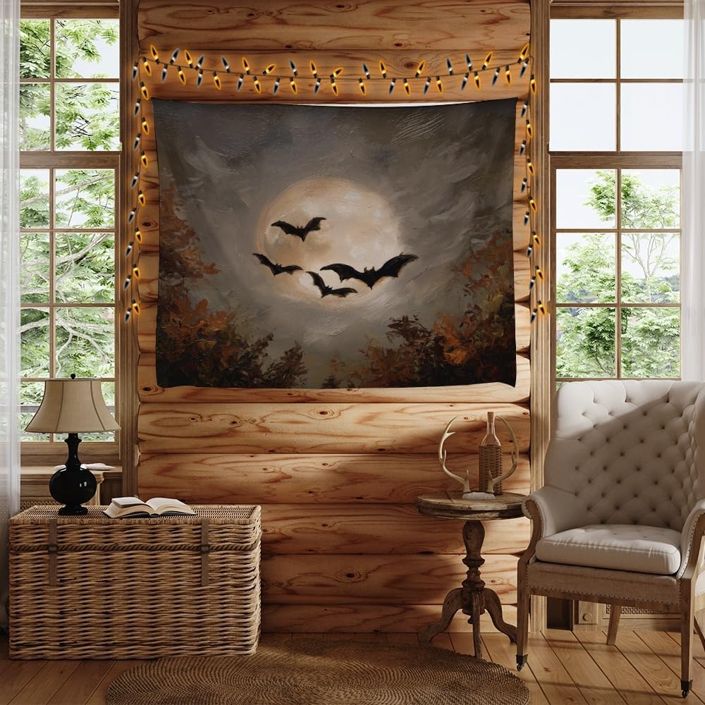 Spooky Halloween Bats Dark Academia Full Moon Autumn Leaves Wall Hanging Vintage Haunted Home Artwork Gothic Witchy Ghost Tapestries for bedroom Living Room Decor 70x90inch