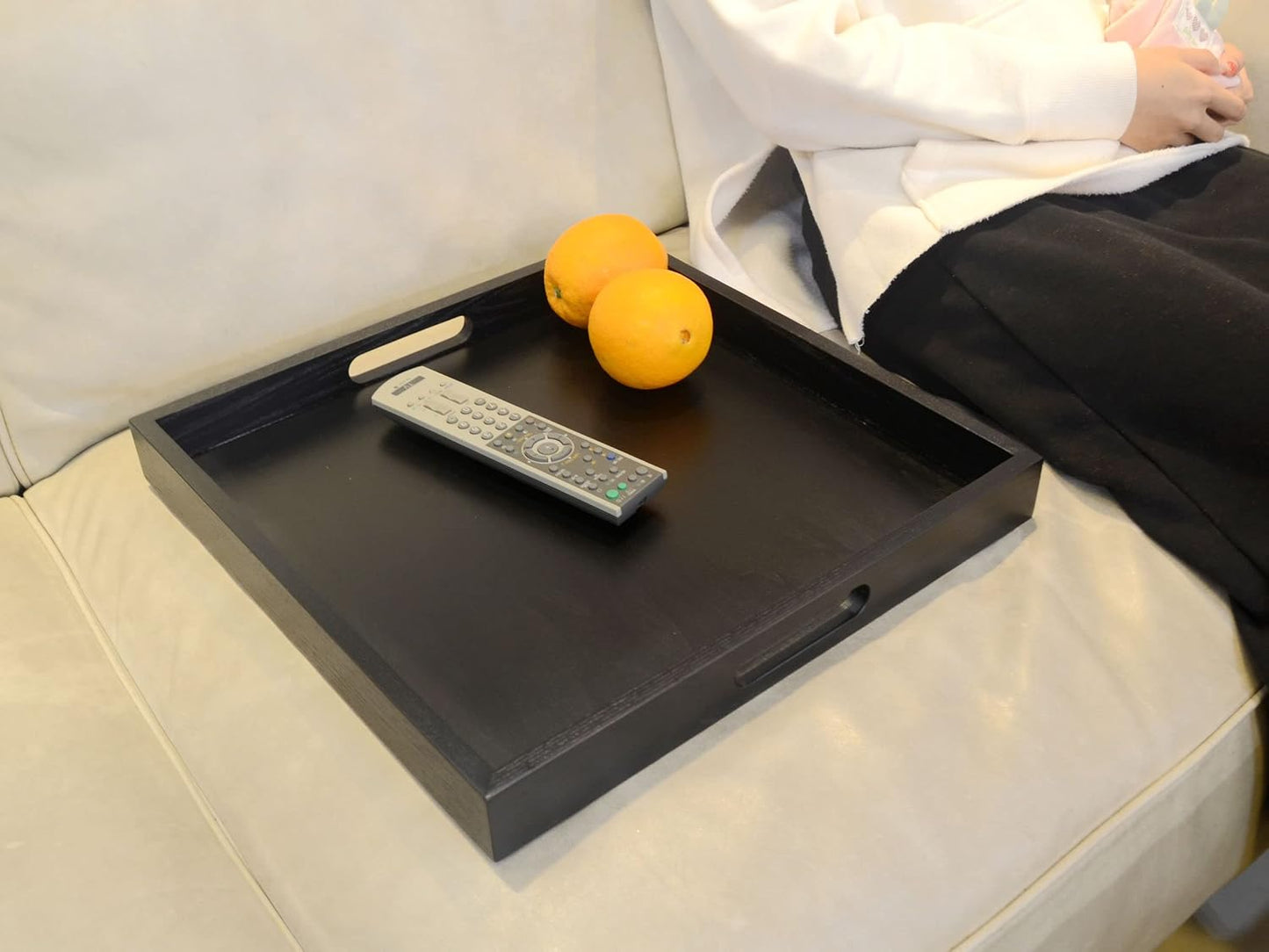 Square Wood Serving Tray with Handle, Ottoman Decorative for Home, 16x16 inches Black