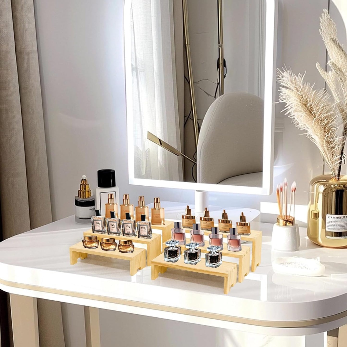 Display Wood Risers Wooden Stand 3 Tier 4 Set 12 Pieces Wooden Stands Decorative Rectangular Display Cupcake Stands Perfume Racks Cologne Organizer(Nature)