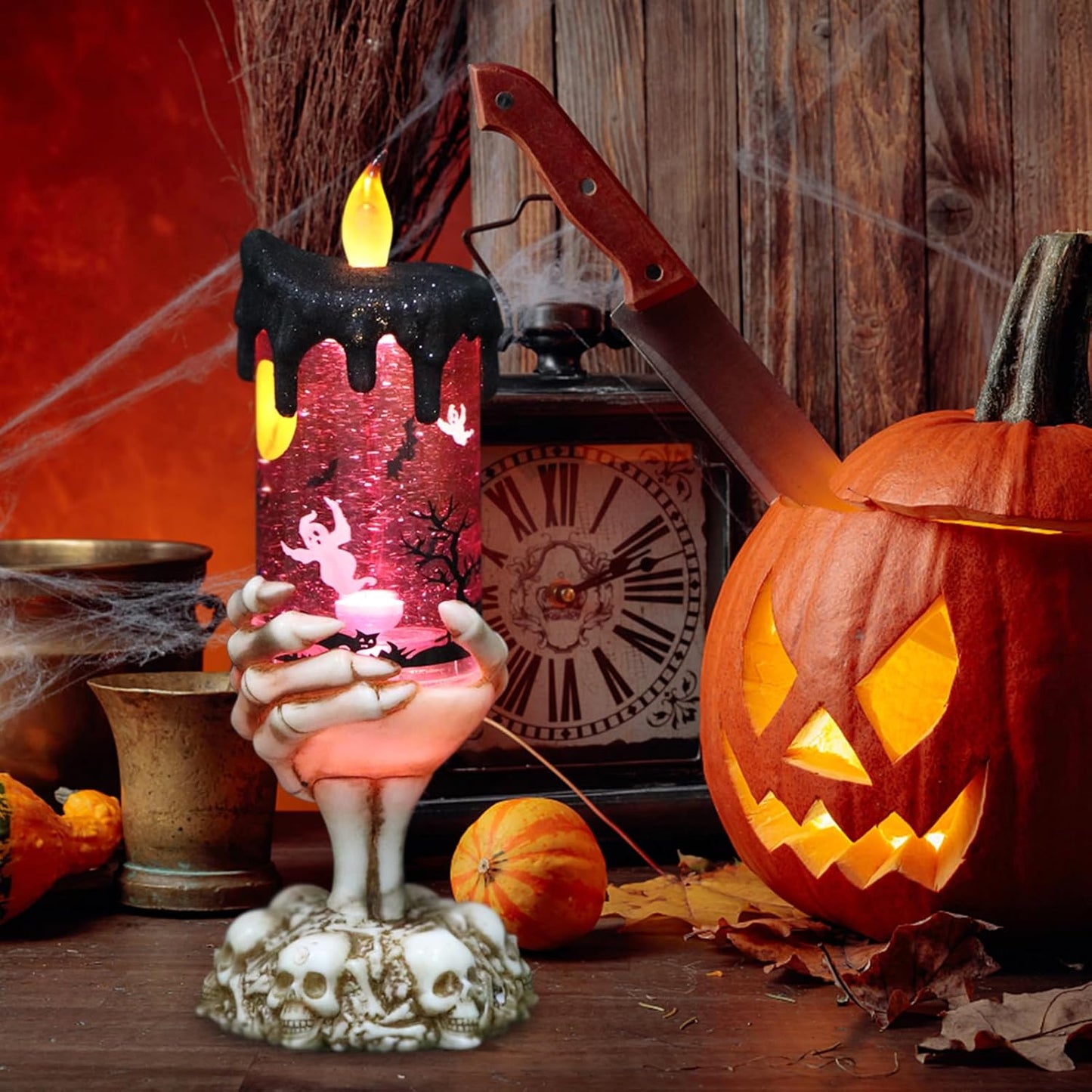 Eldnacele Halloween Snow Globe Candles Lighted Lamp USB Powered Battery Operated Spooky Spinning Water Glittering Tornado Flameless Candles Skeleton Hand Holder Halloween Centerpiece Decor(Ghost)