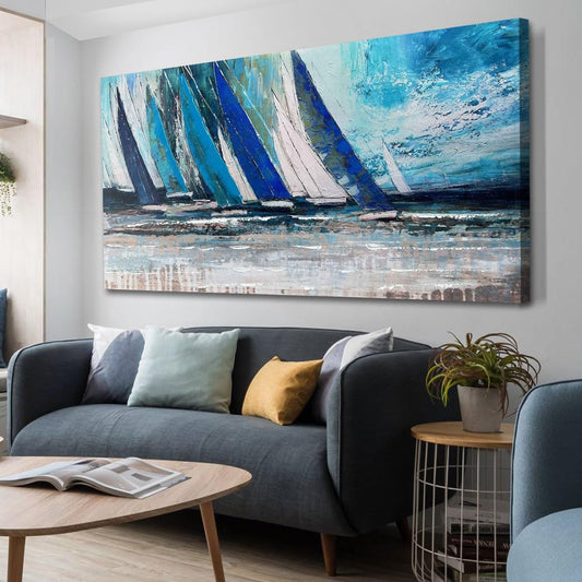 Arjun Blue Abstract Wall Art Canvas Teal Ocean Sailboat Picture Modern Turquoise Coastal Nautical Painting, Extra Large 58"x29" Framed Textured Artwork for Living Room Bedroom Home Office Wall Decor