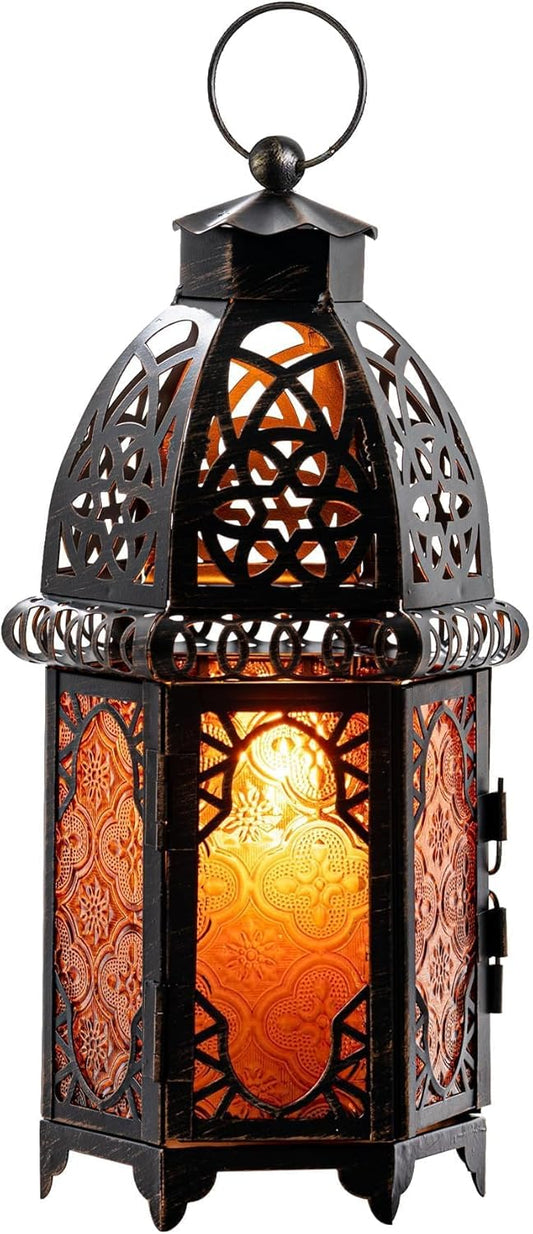 NEEDOMO 12.8'' Moroccan Lanterns Decorative Indoor & Outdoor, Vintage Christmas Candle Holder, Metal Lanterns Decorative, Table, Patio, Porch, Shelf, Christmas Spring Halloween Home Decor (Amber)