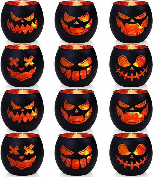 Black Halloween Table Centerpieces Candle Holders 12 PCS, Jack O Lantern Tealight Votive Candle Holders, Indoor Halloween Decorations for Mantel Coffe Table Decor