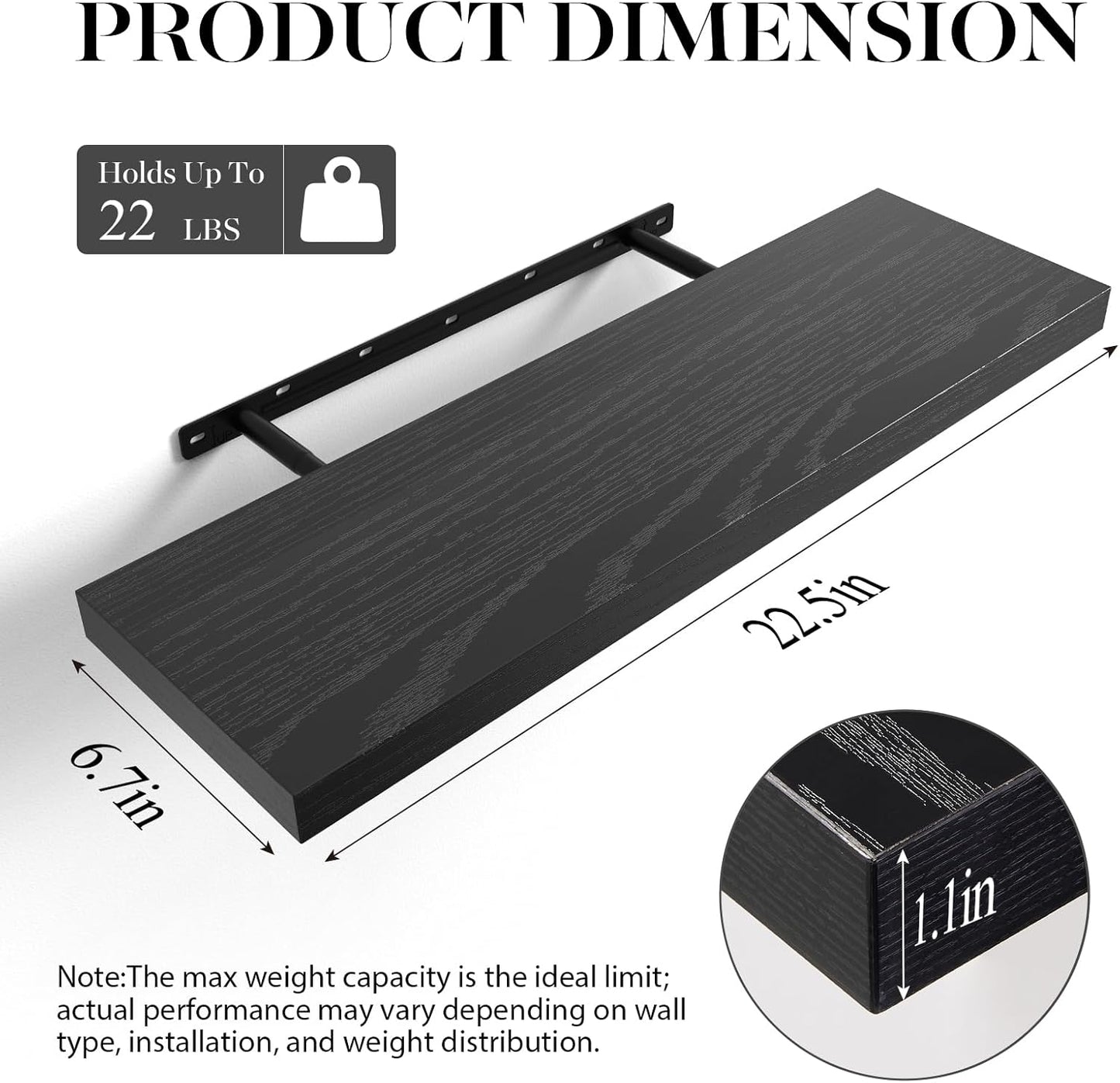 BAYKA Floating Shelves for Wall, 22.5" Wall Mounted Rustic Wood Shelves for Bathroom, Bedroom, Living Room, Kitchen, Office, Hanging Shelf for Books/Storage/Room Decor Capacity (Black, Set of 2)