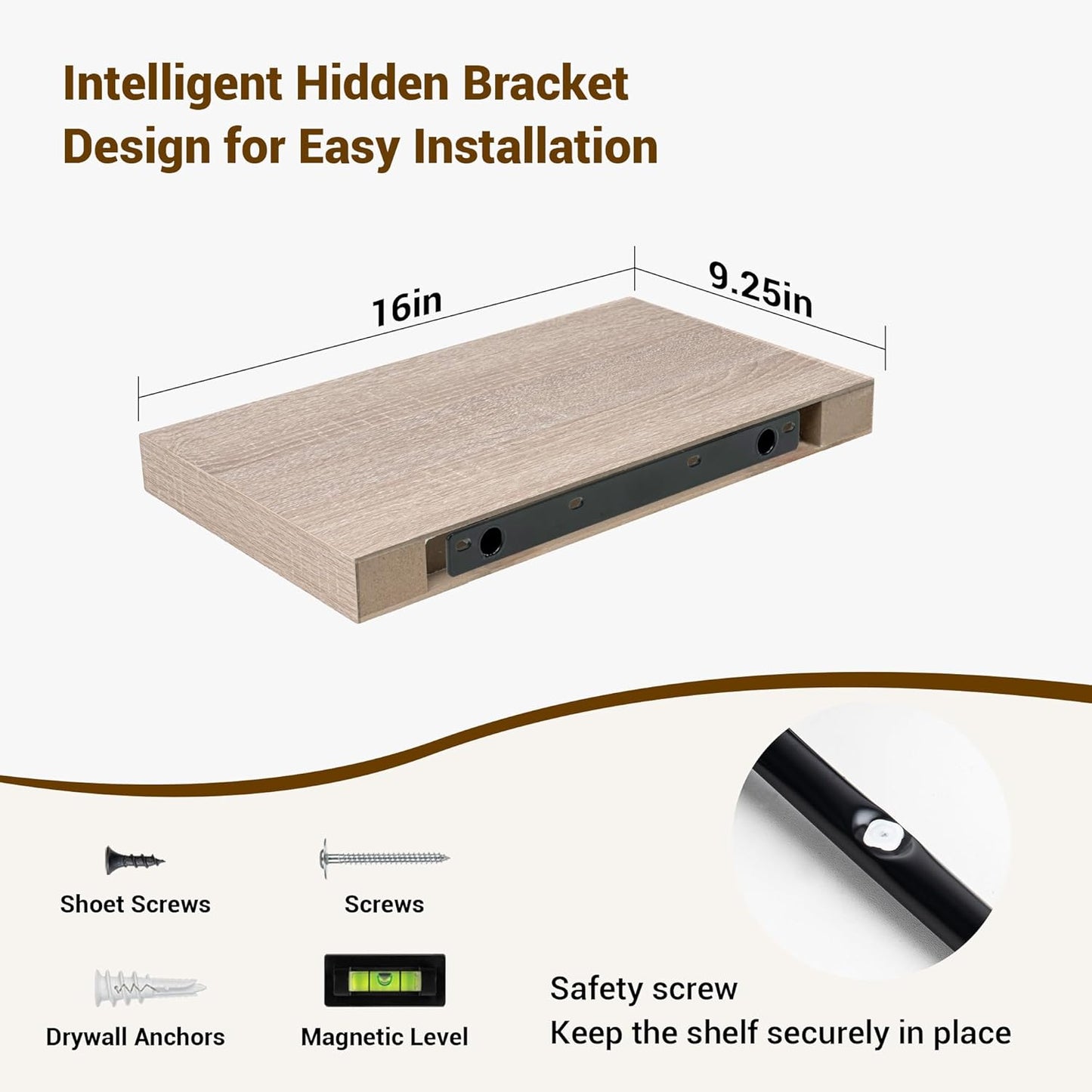 16 Inch Floating Shelves, 3D Textured Wood Grain, 16"x9.25"x1.5" Inch Deep Floating Shelves for Wall, Wooden Shelves for Bathroom, Bedroom, Living Room, Vintage White Oak