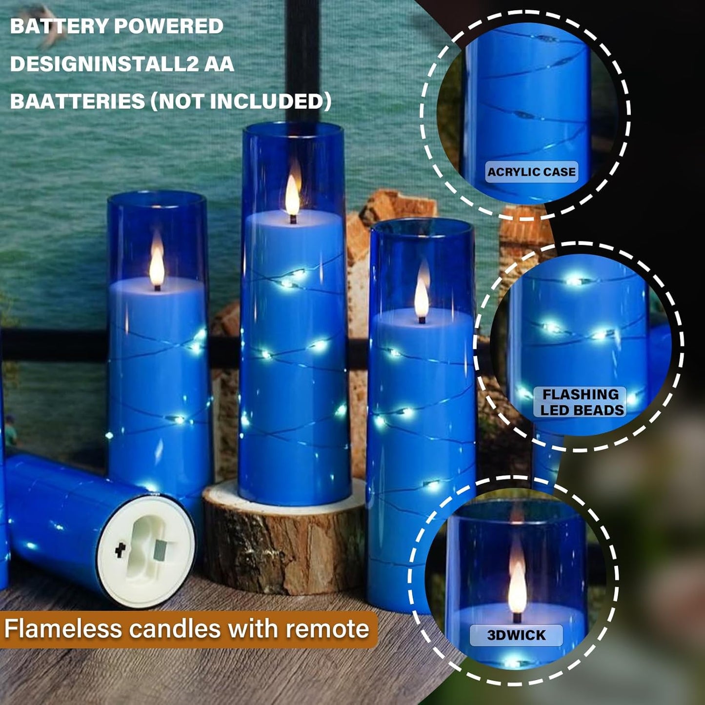 Flickering Flameless LED Candles,Battery Operated Candles 9 Pcs with Embedded Star String,Acrylic LED Pillar Candles with Remote,Suitable for Home Decoration to Create an Atmosphere (Blue)