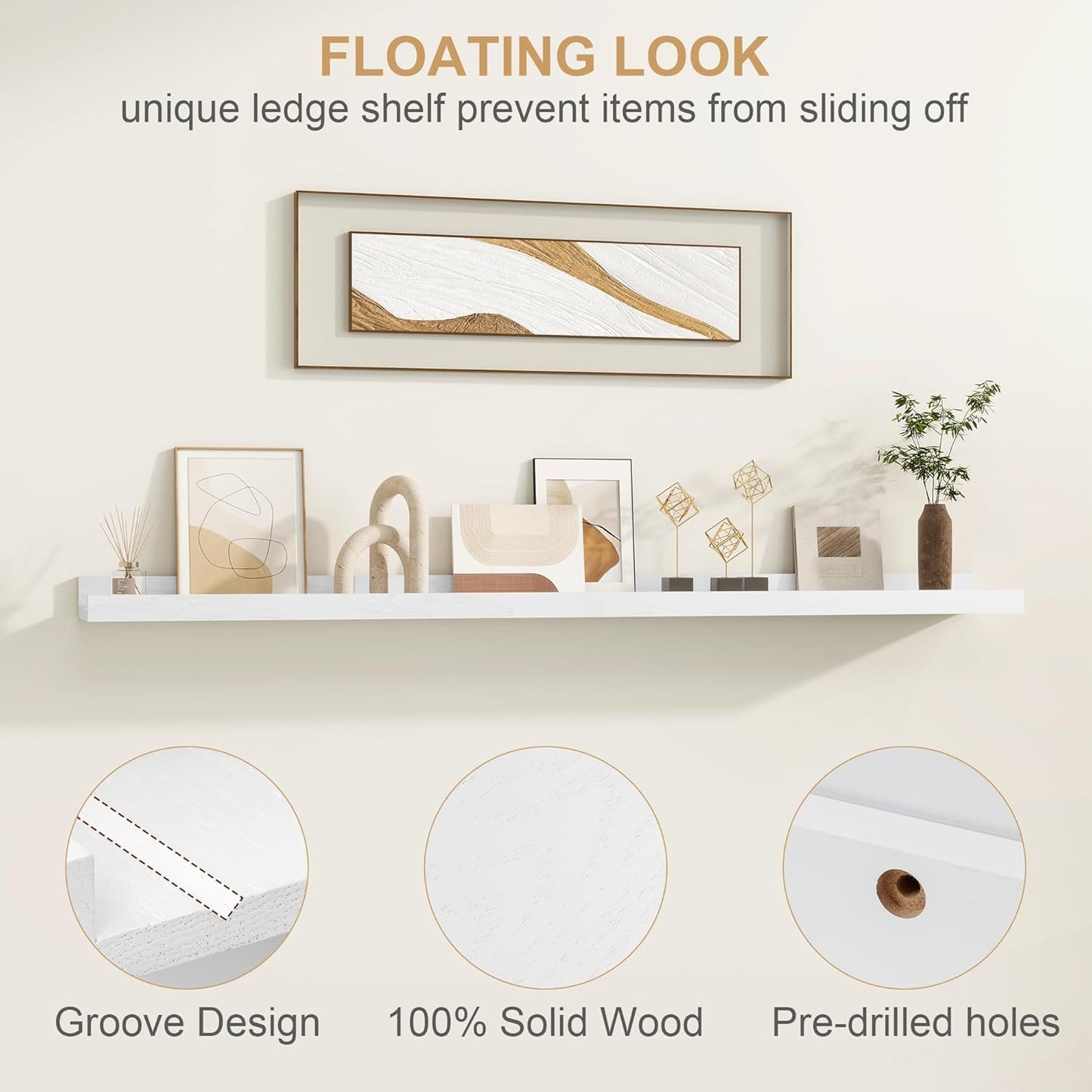 Floating Picture Ledge Shelves 48 Inch Solid Oak Wood Set of 2, Rustic Wall Storage Shelves with Lip, Kids Bookshelf, Photo & Picture Ledge Shelves for Bedroom, Living Room, Kitchen