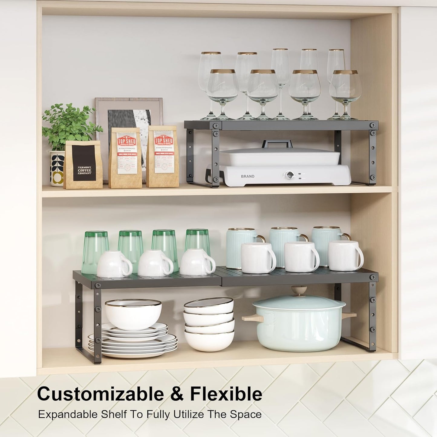 Expandable Cabinet Organizer Shelf With Adjustable Height, Stackable Kitchen Countertop Organizer Rack, Adjustable Shelf Riser For Kitchen Counter, Pantry, Cupboard, Desk, Tabletop