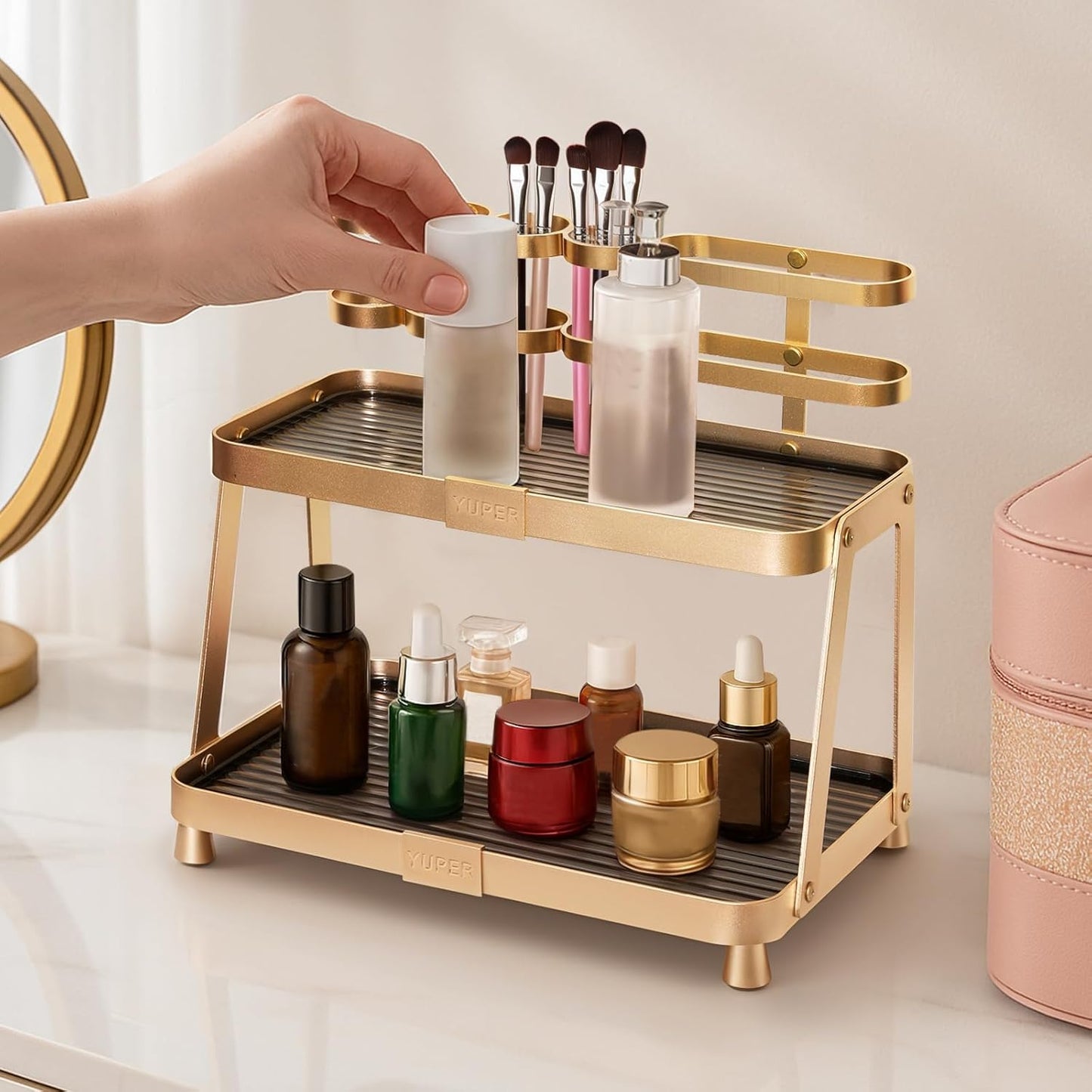 YUPER Bathroom Counter Organizer, 2-Tier Bathroom Organizer Countertop with Toothbrush Holder, Makeup Storage Shelf Vanity Tray Perfume Organizer, Bedroom Kicthen Counter Storage Sink Shelf Gold