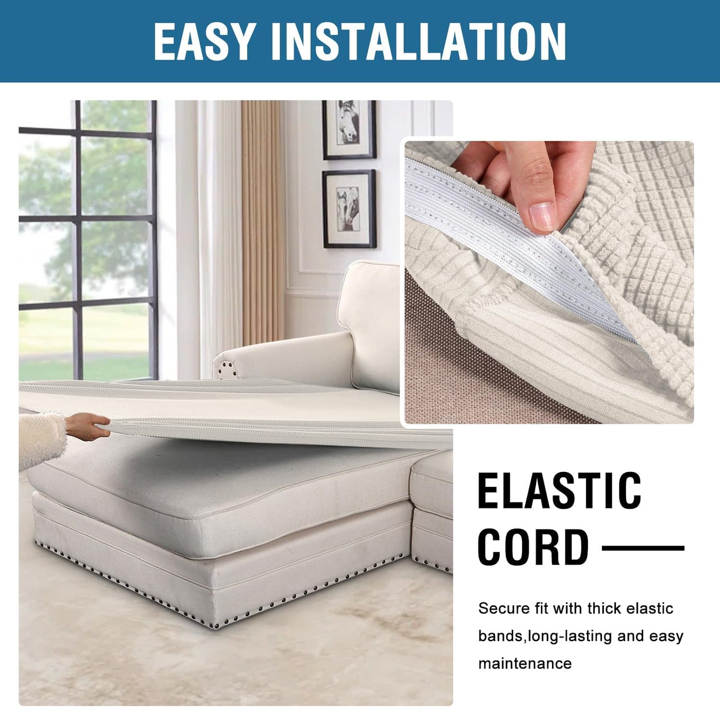 H.VERSAILTEX Super Stretch Individual Chaise Cover Sectional Couch Covers for L Shaped Sofa Both Left/Right Featuring Thick Jacquard Textured Twill Fabric (1 Piece Chaise Cover Large, Porcelain)