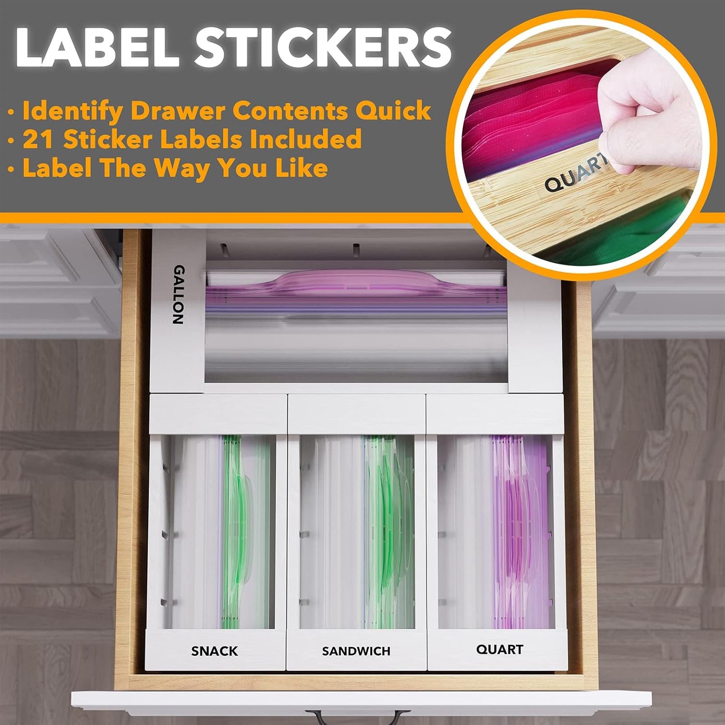 SpaceAid Bag Storage Organizer for Kitchen Drawer, Bamboo Organizer, Compatible with Gallon, Quart, Sandwich and Snack Variety Size Bag (4 Pack), White