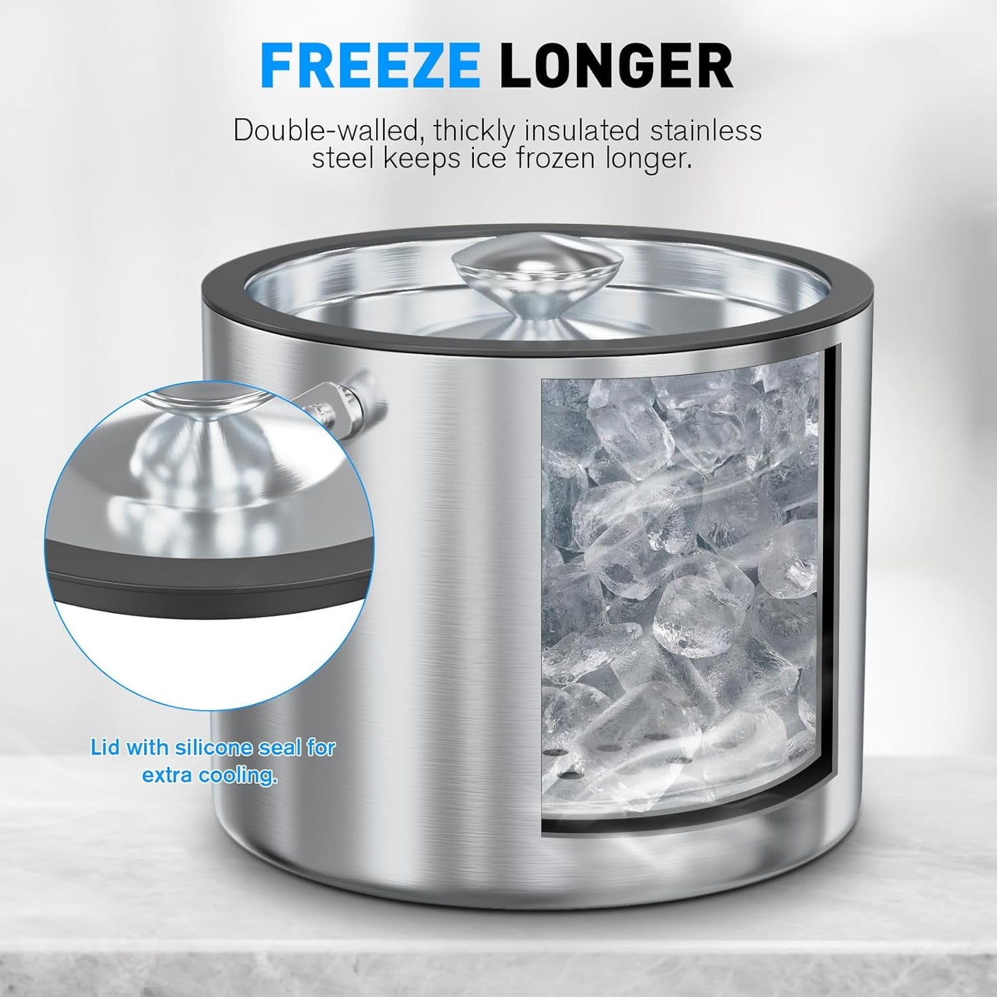 3.2 Liter Ice Bucket with Silicone Lid, Strainer, Tongs, Double Wall Insulated Stainless Steel Ice Bucket Wine Bucket for Cocktail Bar and Parties