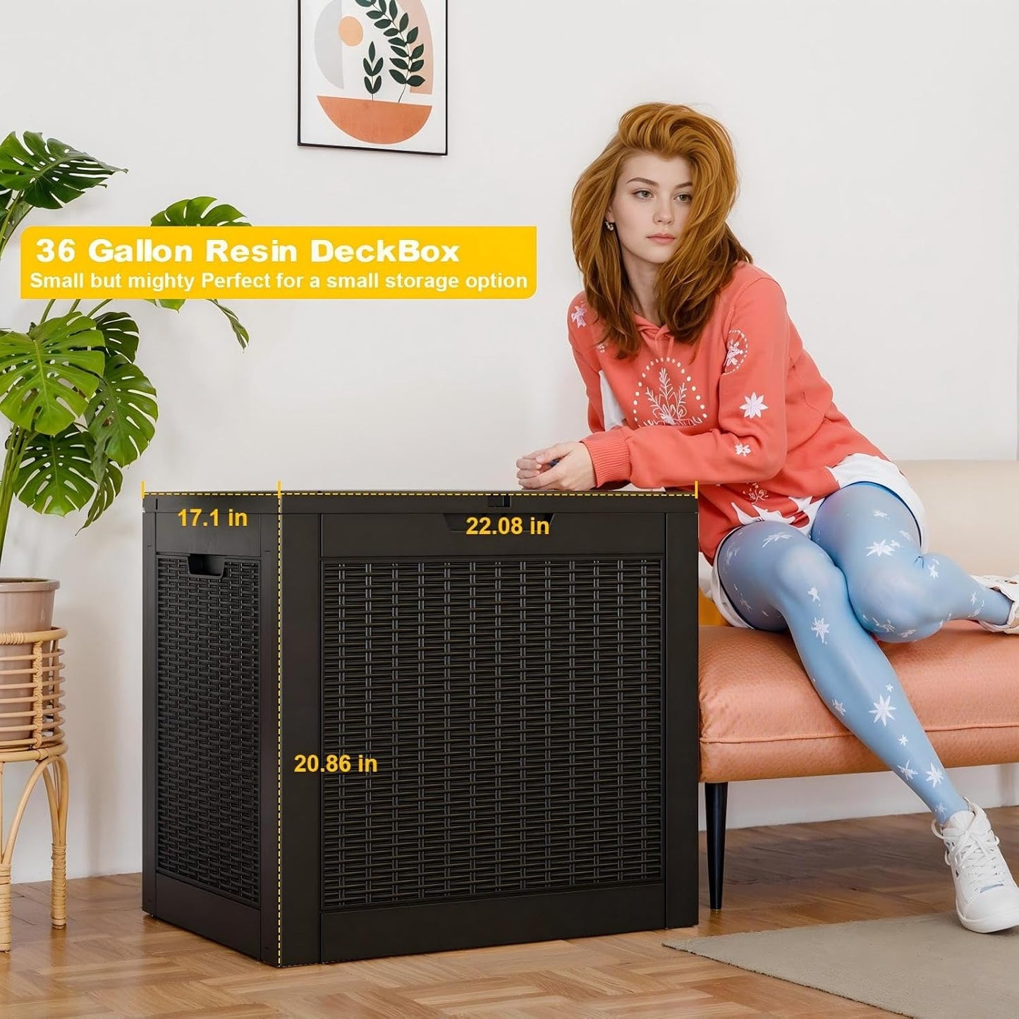 36 Gallon Outdoor Deck Box,Storage Lockable Waterproof Patio Furniture,Garden Tools,Cushions,Pool Accessories Outside Storage Resin Box(Black Pattern)