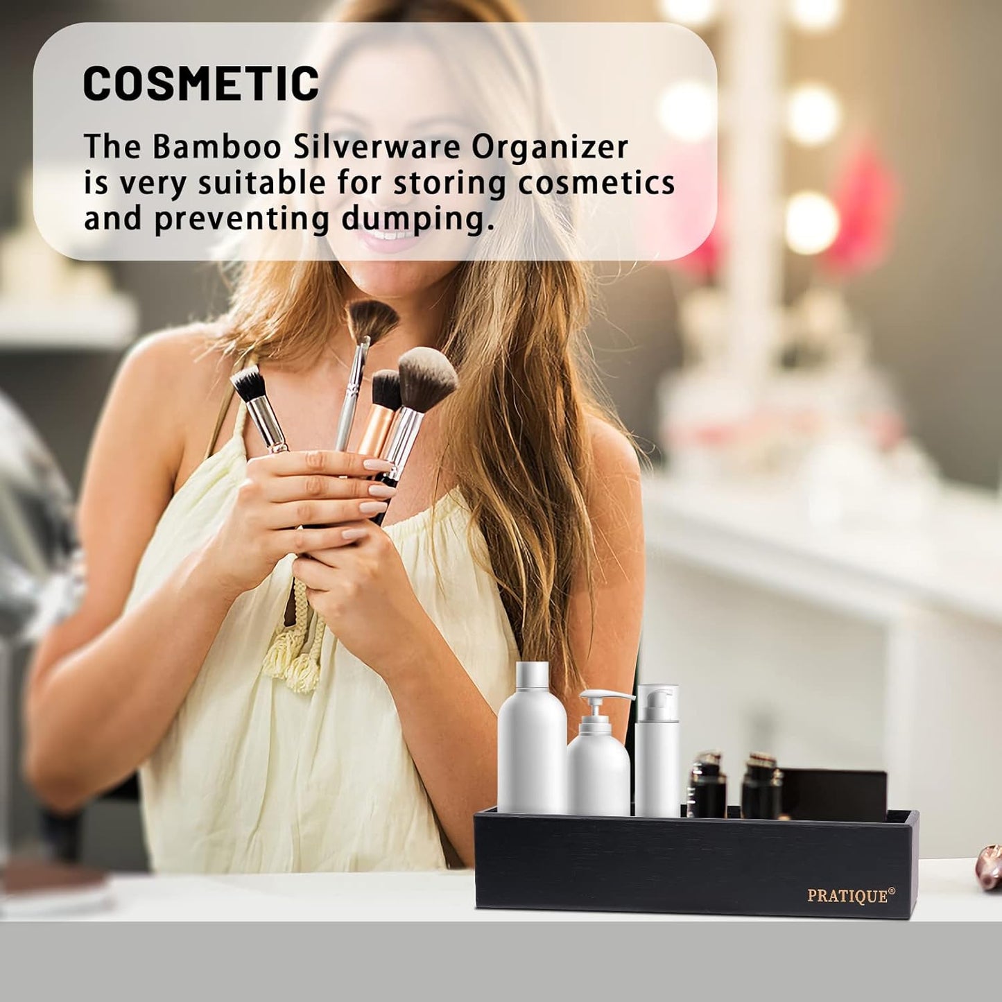 Bamboo Drawer Organizer - Kitchen Utensil Organizer Silverware Tray Cutlery Holder，Office Desk Supplies and Accessories,8.9 * 3 * 2.6inch,Black